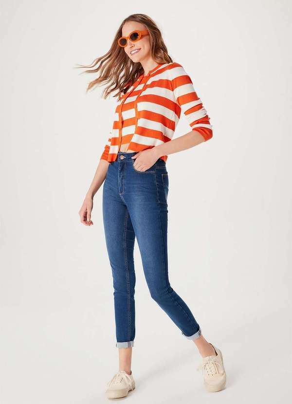 Hering - Cardigan Feminino em Tricot Listrado Laranja