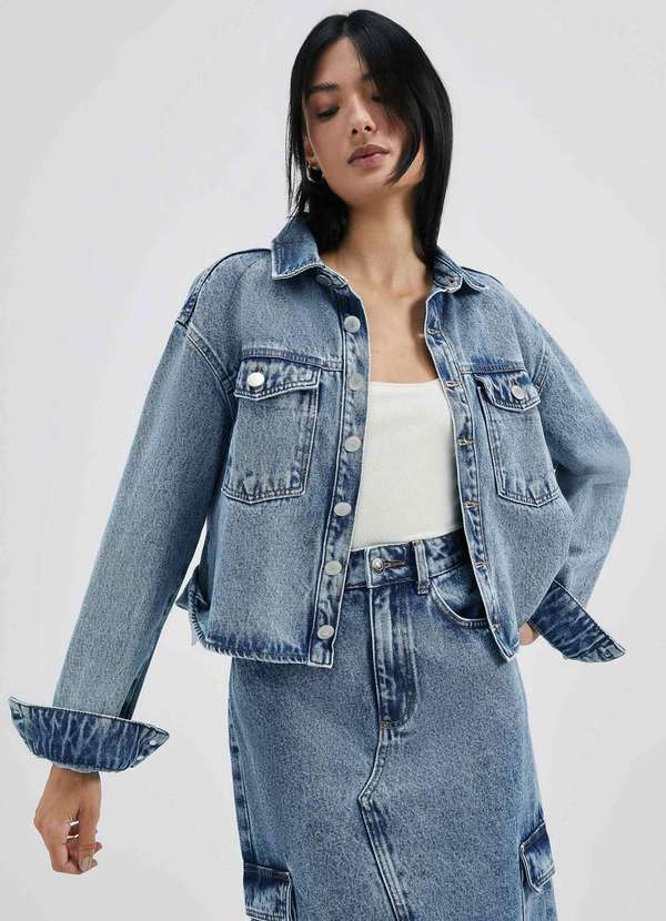Hering Jaqueta Jeans Feminina Cropped Azul