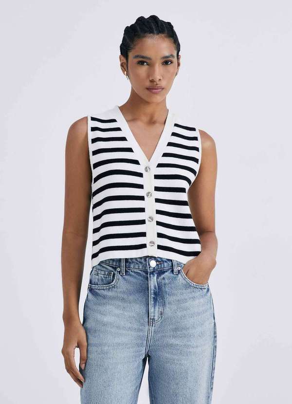 Hering - Colete Feminino Box Listrado em Trico Branco