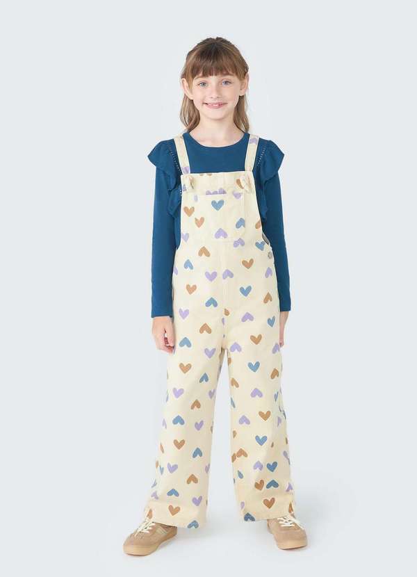 Hering - Jardineira Infantil Menina em Sarja Estampada Bege