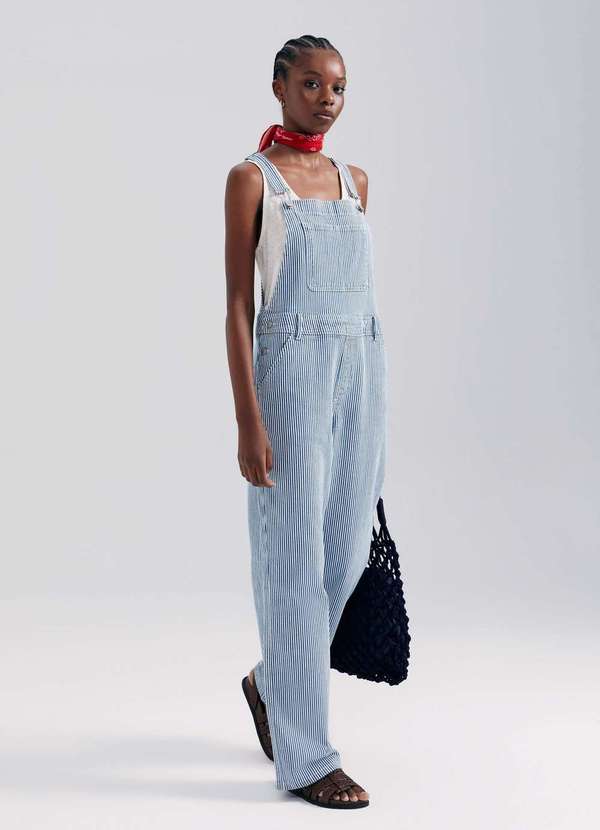 Hering - Jardineira Longa de Sarja Listrada Azul