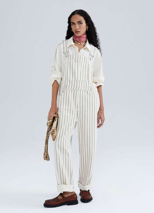 Hering - Jardineira Longa Listrada em Sarja Branco