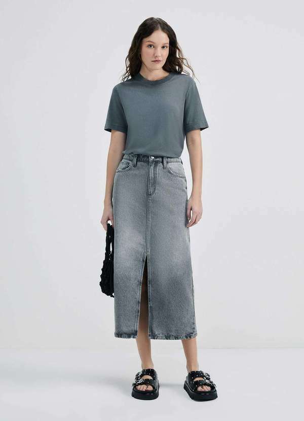 Hering - Saia Jeans Midi com Fenda Frontal Preto