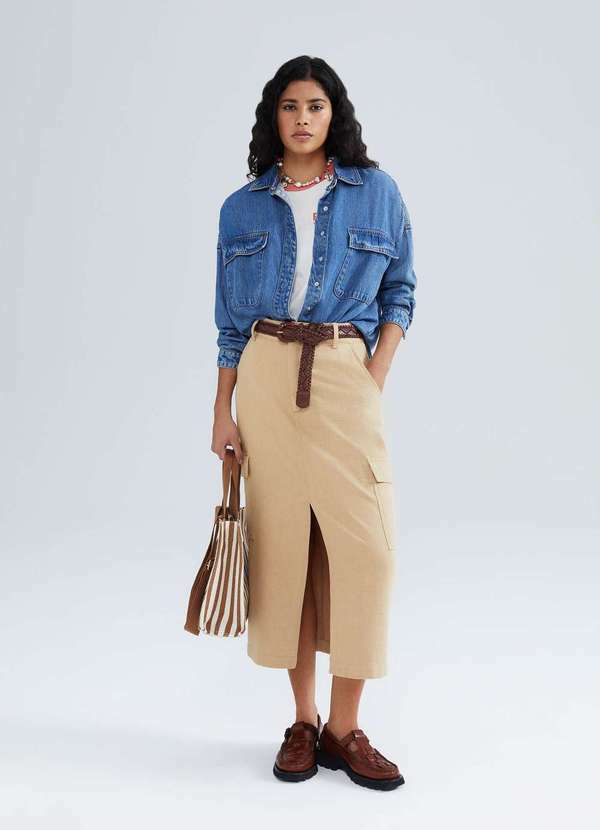 Hering - Saia Midi Cargo com Linho Bege