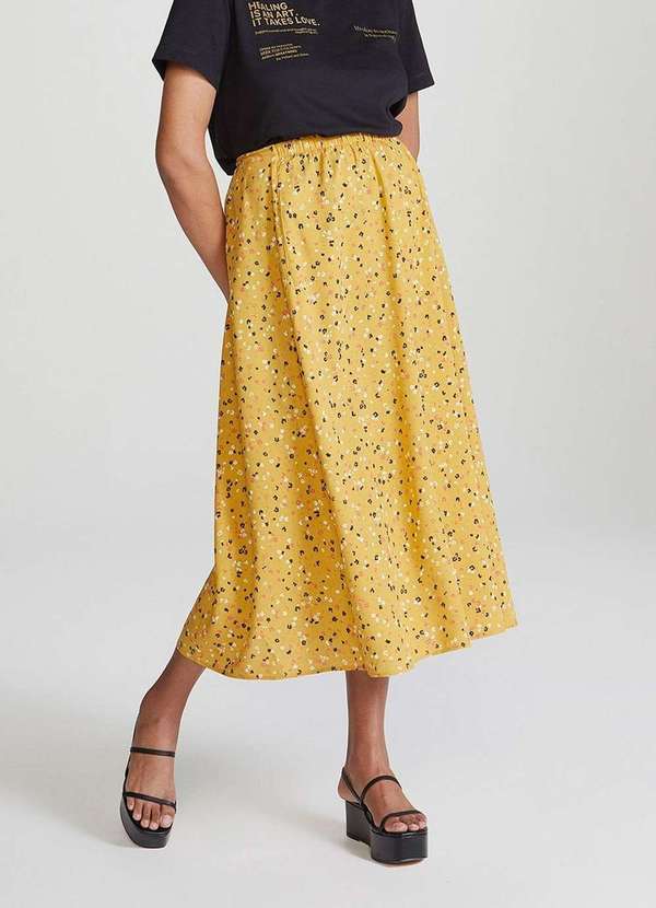 Hering - Saia Midi Cintura Alta com Estampa Floral Amarelo