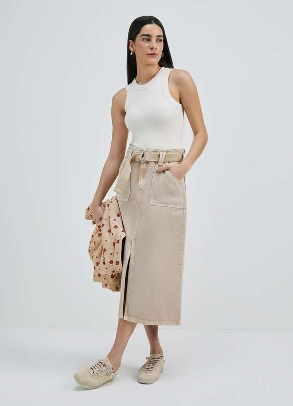 Hering - Saia Midi Clochard em Sarja Estonada Bege