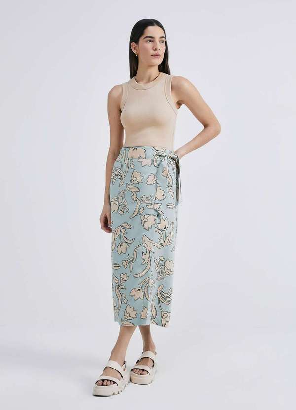 Hering Saia Midi Pareo Estampada em Viscolinho Verde