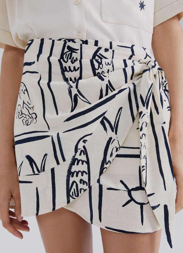 Hering - Saia Pareo Cintura Alta Estampada Branco
