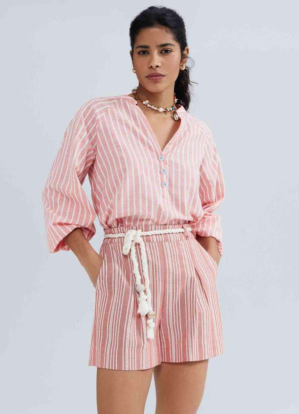 Hering - Shorts Feminino Listrado com Amarracao Vermelho 4