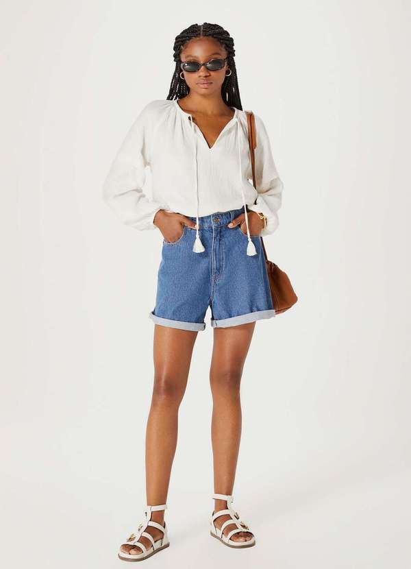 Hering - Shorts Jeans Feminino Cintura Super Alta Mom Azul