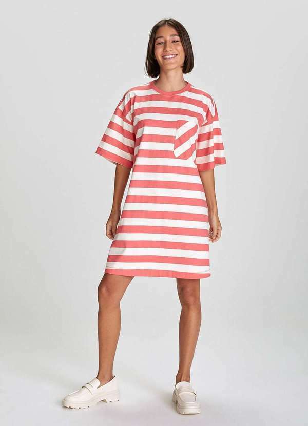 Hering - Vestido Basico Listrado de Algodao Vermelho