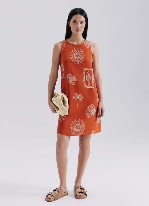 Hering - Vestido Curto Estampado em Viscose Marrom