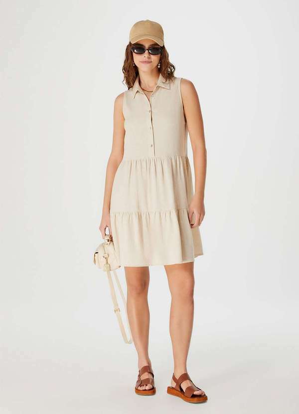 Hering - Vestido Curto Evase com Botoes e Recortes Bege
