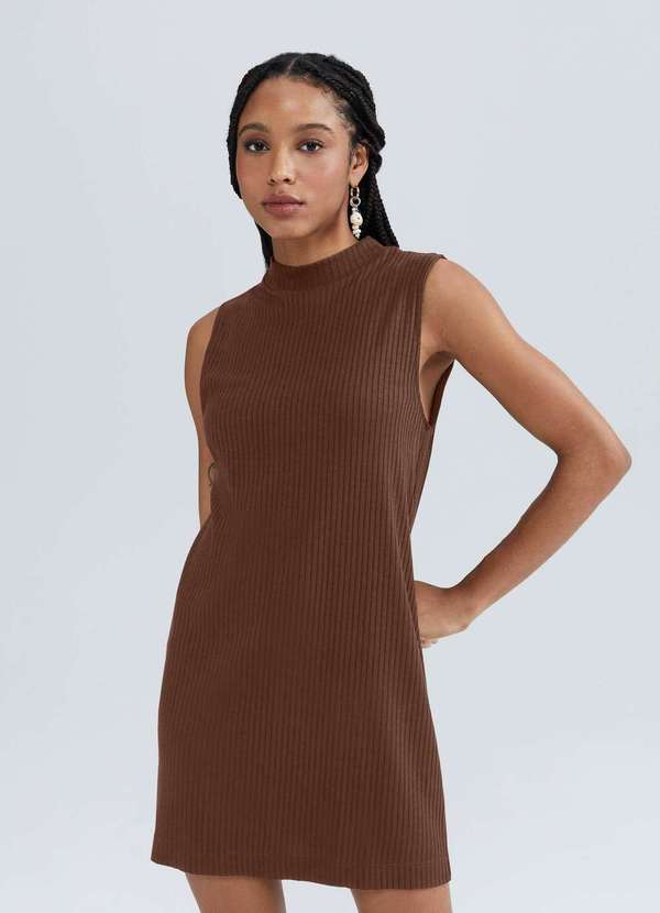 Hering - Vestido Curto Gola Alta em Ribana Marrom 2
