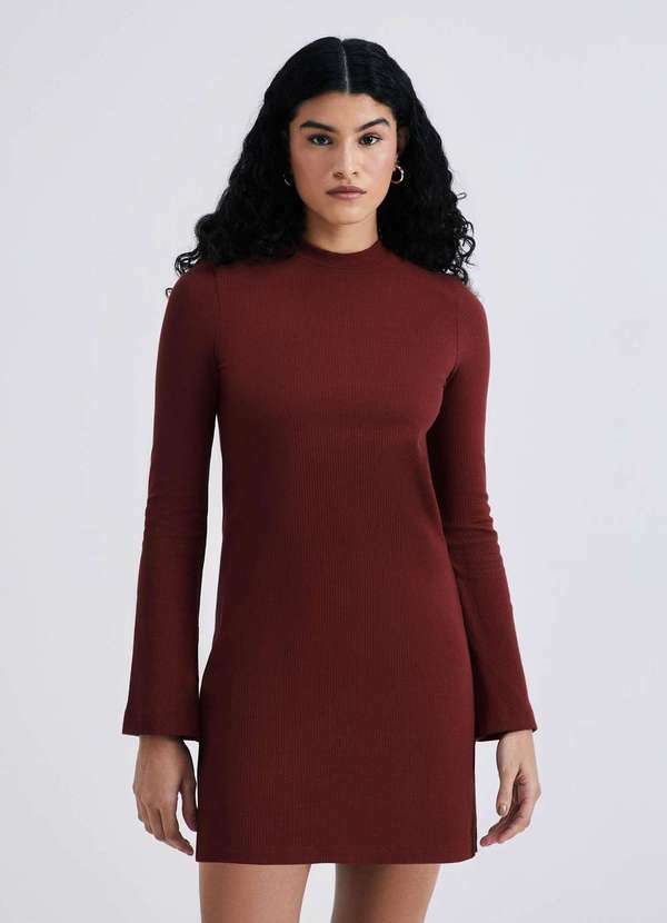 Hering - Vestido Curto Manga Longa em Ribana Canelada Vermelho