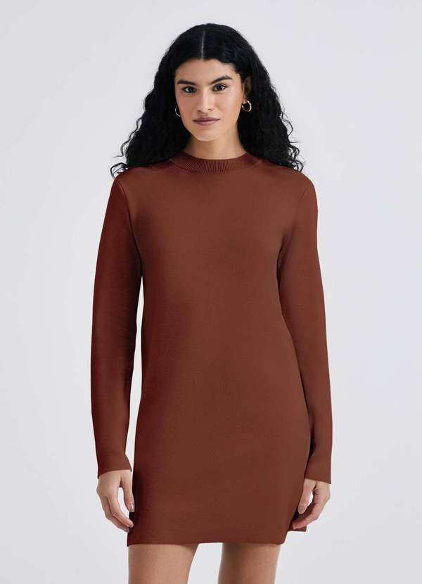 Hering - Vestido Curto Manga Longa em Trico Marrom