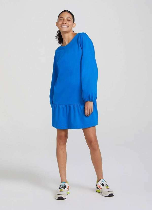 Hering - Vestido Curto Manga Longa Evase Azul