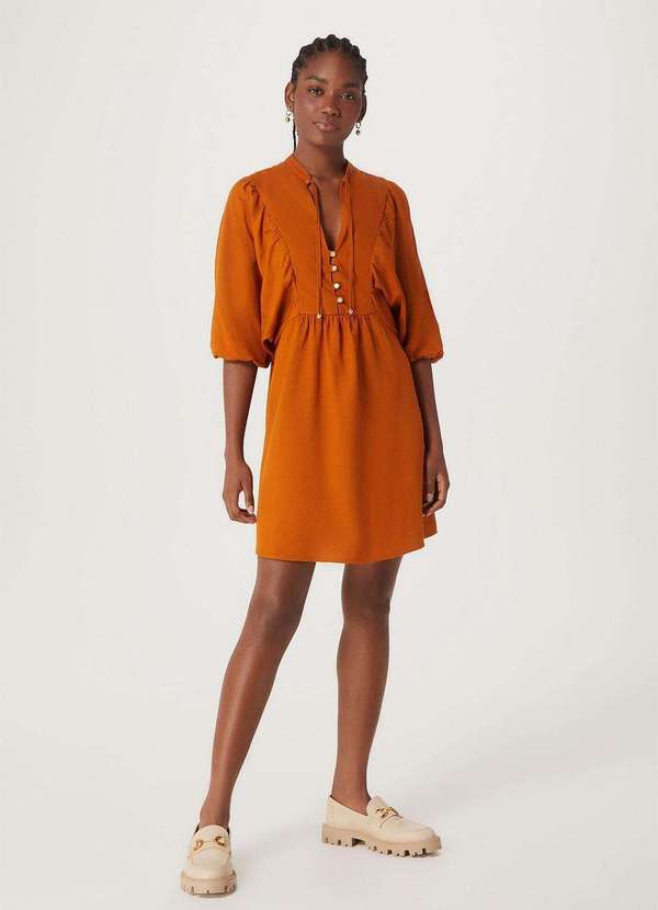 Hering - Vestido Curto Manga Media em Linho Laranja