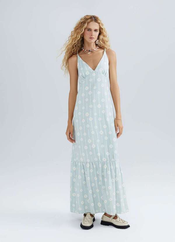 Hering - Vestido Longo Estampado com Franzidos Verde