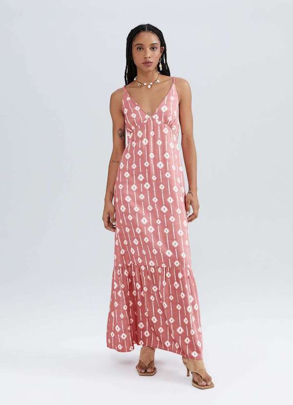 Hering - Vestido Longo Estampado com Franzidos Vermelho