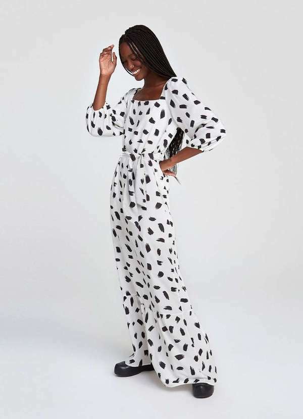 Hering - Vestido Longo Estampado com Manga Bufante Branco