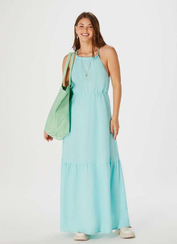 Hering - Vestido Longo Evase Decote Halter Neck Azul