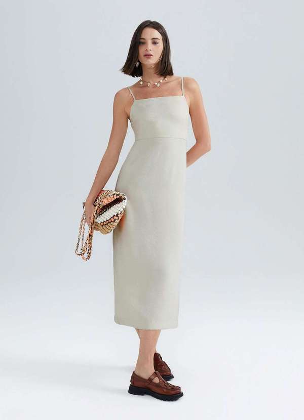 Hering - Vestido Midi Alcas Finas em Peach Touch Bege