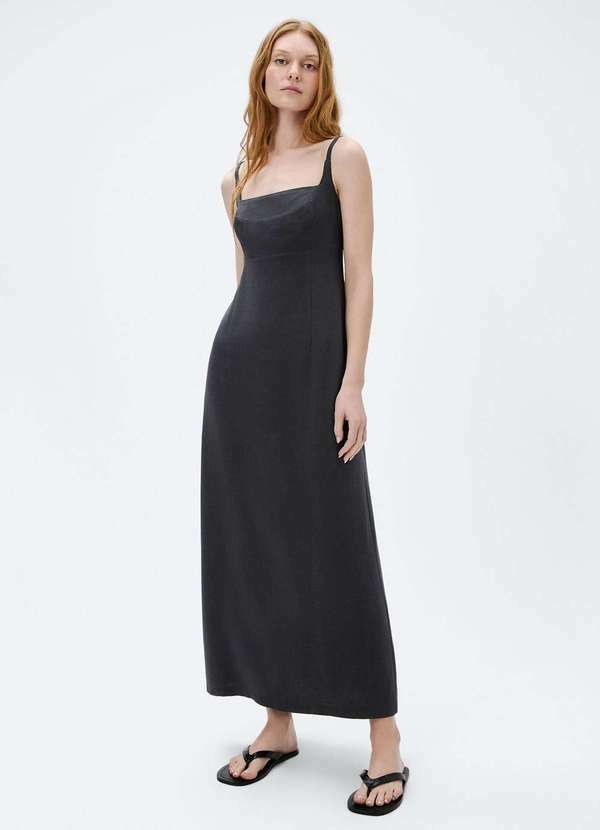 Hering - Vestido Midi Alcas Finas em Viscolinho Cinza