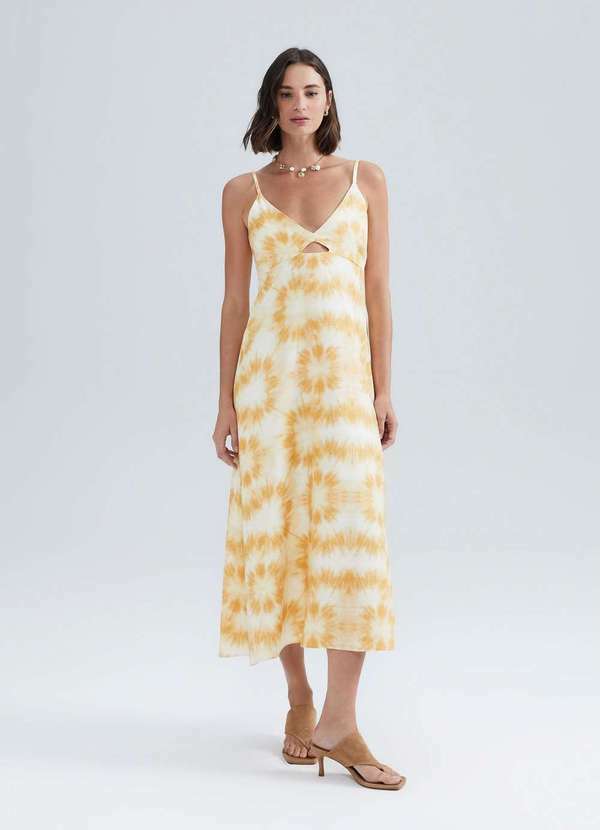 Hering - Vestido Midi Alcas Finas Estampado Amarelo