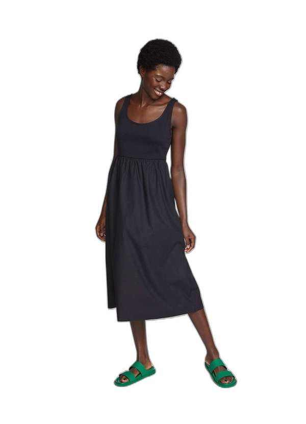 Hering - Vestido Midi Basico Evase com Franzidos Preto