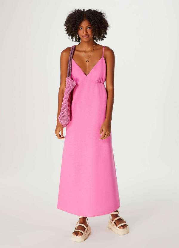 Hering - Vestido Midi com Alcas e Decote V Rosa