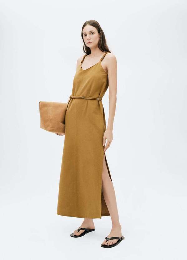 Hering - Vestido Midi Decote V com Cinto Laranja