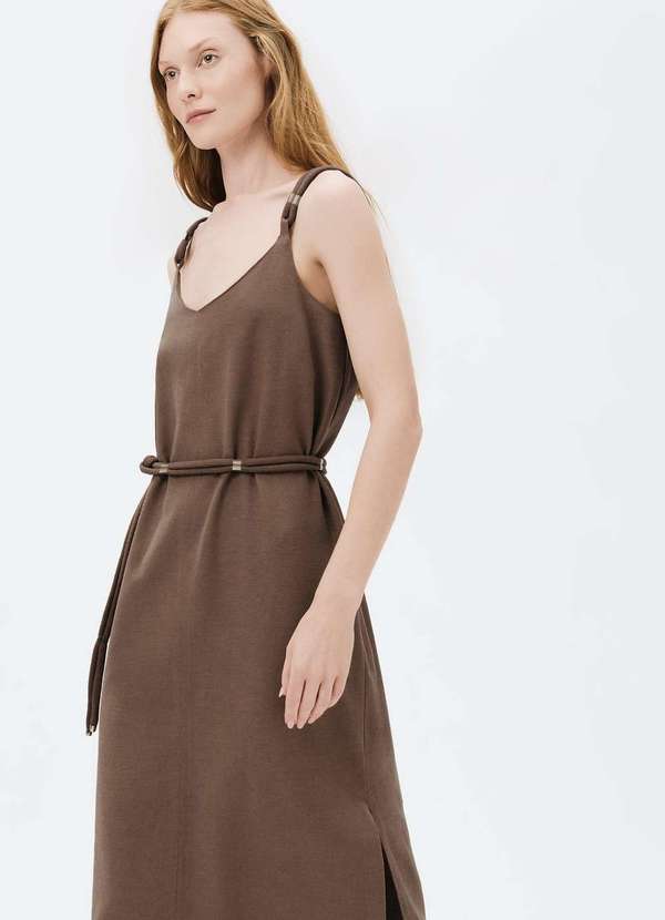 Hering - Vestido Midi Decote V com Cinto Marrom 4