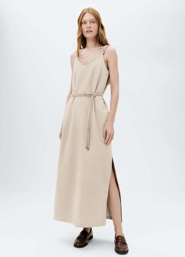 Hering - Vestido Midi Decote V com Cinto Bege