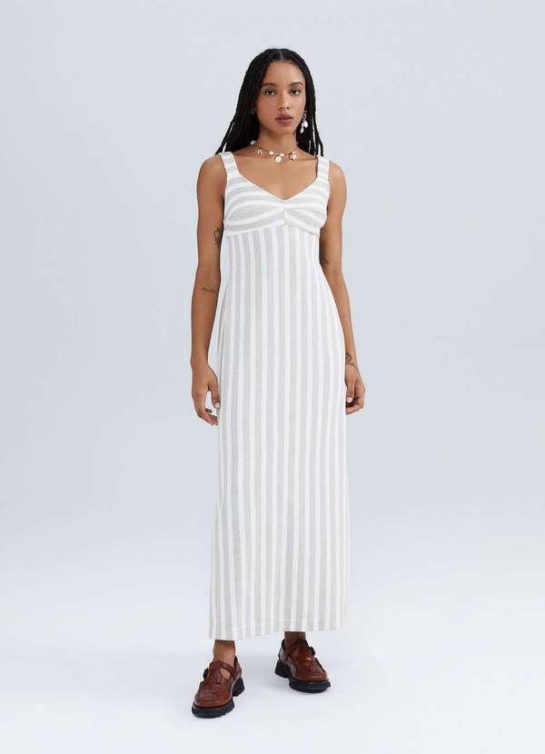 Hering - Vestido Midi Decote V Listrado Eco Bege