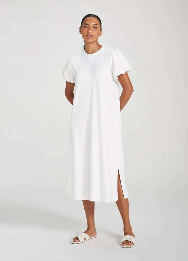 Hering - Vestido Midi em Malha com Manga Bufante Branco