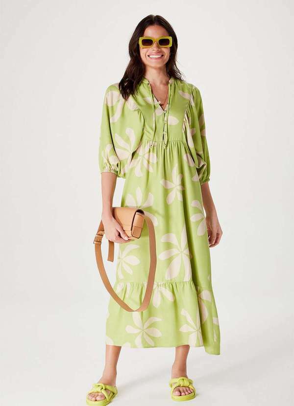 Hering - Vestido Midi Estampado com Manga Bufante Verde