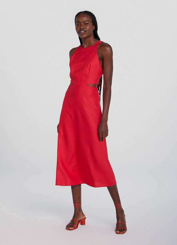 Hering - Vestido Midi Evase com Recortes Vermelho