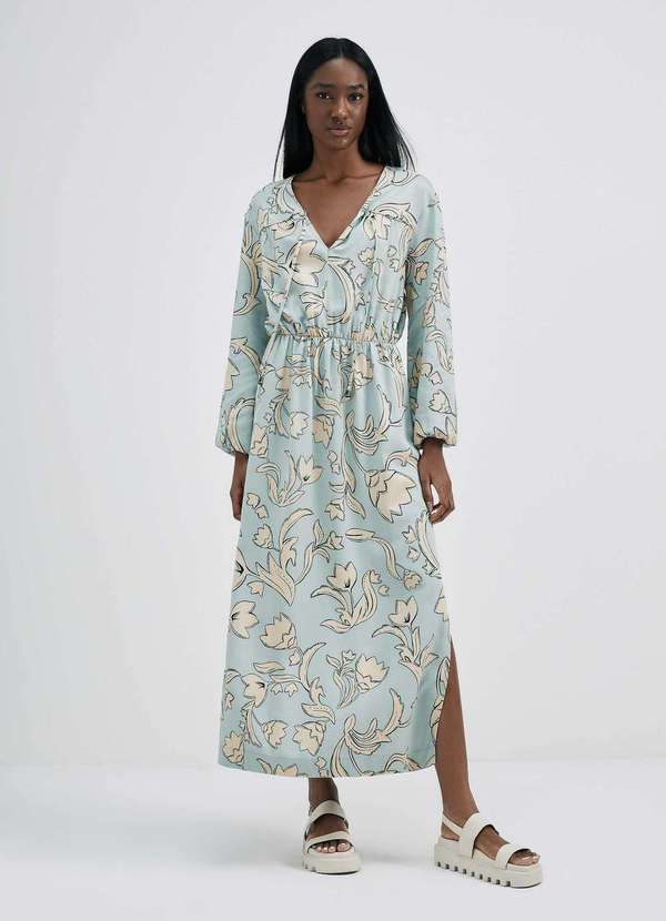 Hering - Vestido Midi Evase Estampado em Viscose Creponada Verde