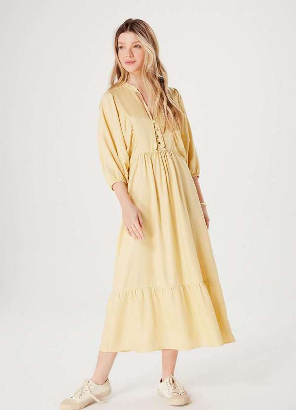 Hering - Vestido Midi Evase Manga Bufante com Linho Amarelo