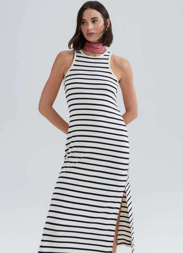 Hering - Vestido Midi Listrado com Fenda Azul