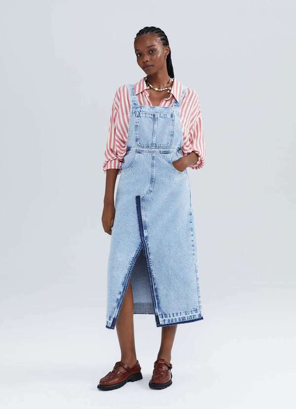 Hering - Salopete Jeans Longa com Fenda Azul