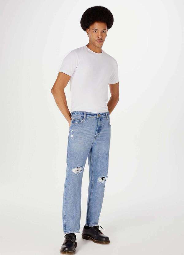 Hering - Calca Jeans Masculina Taper com Puidos Azul