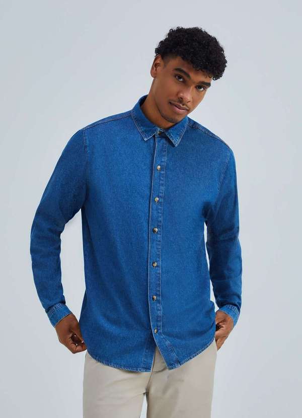 Hering - Camisa Jeans Masculina Manga Longa Azul