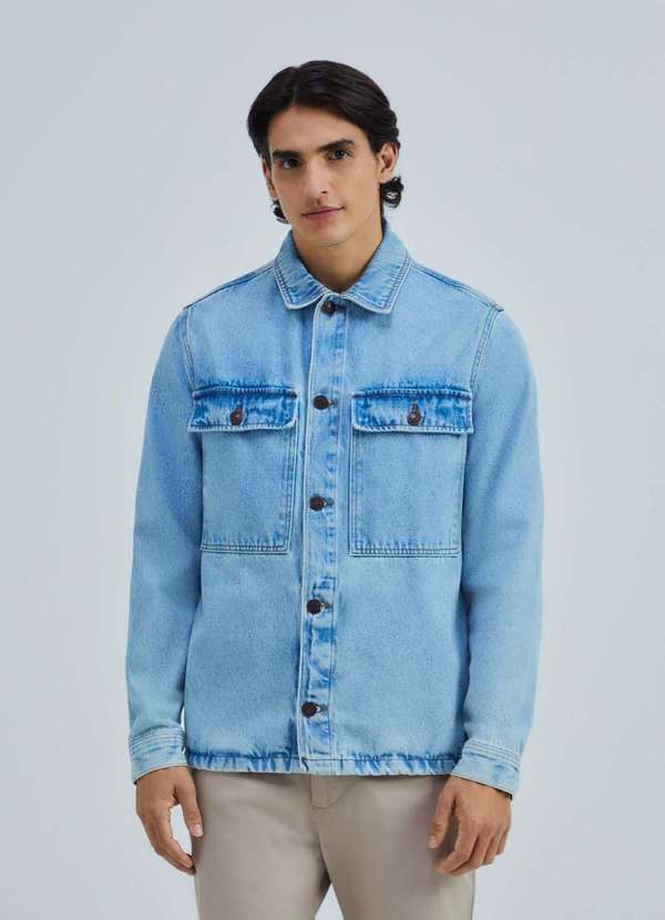 Hering - Camisa Jeans Masculina Manga Longa Marmorizada Azul