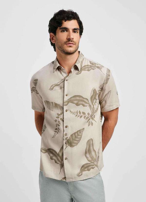Hering - Camisa Masculina Manga Curta Estampada em Linho Bege