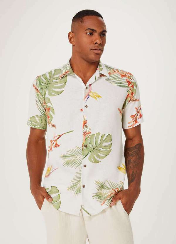 Hering - Camisa Masculina Manga Curta Estampada em Linho Branco