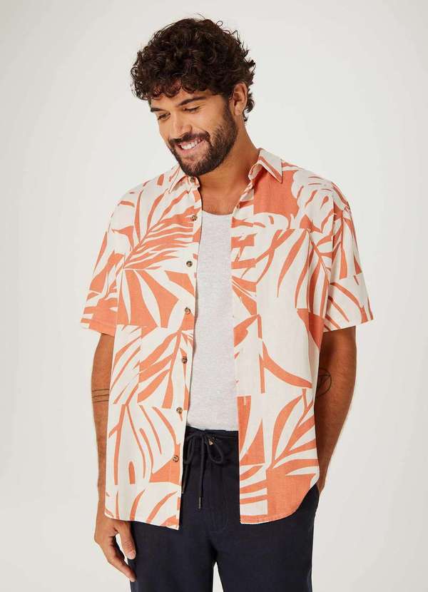 Hering - Camisa Masculina Manga Curta Estampada em Linho Laranja