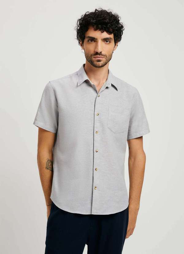 Hering - Camisa Masculina Manga Curta Fio Tinto em Linho Cinza