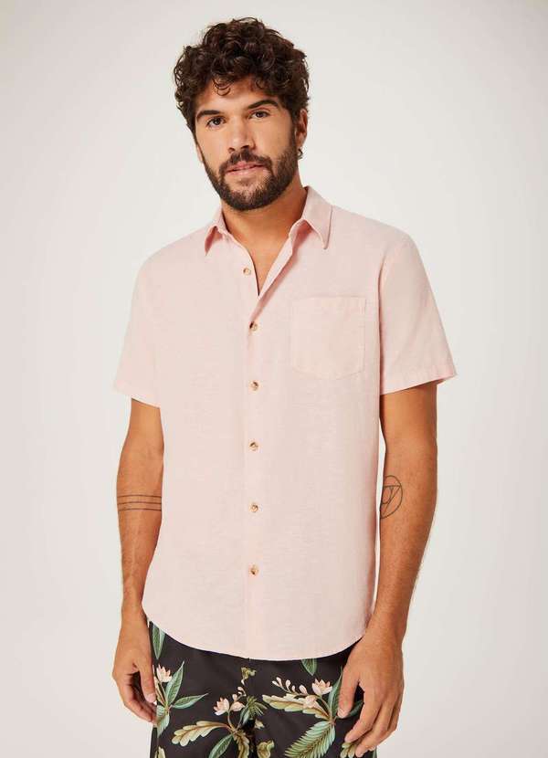 Hering - Camisa Masculina Manga Curta Fio Tinto em Linho Rosa